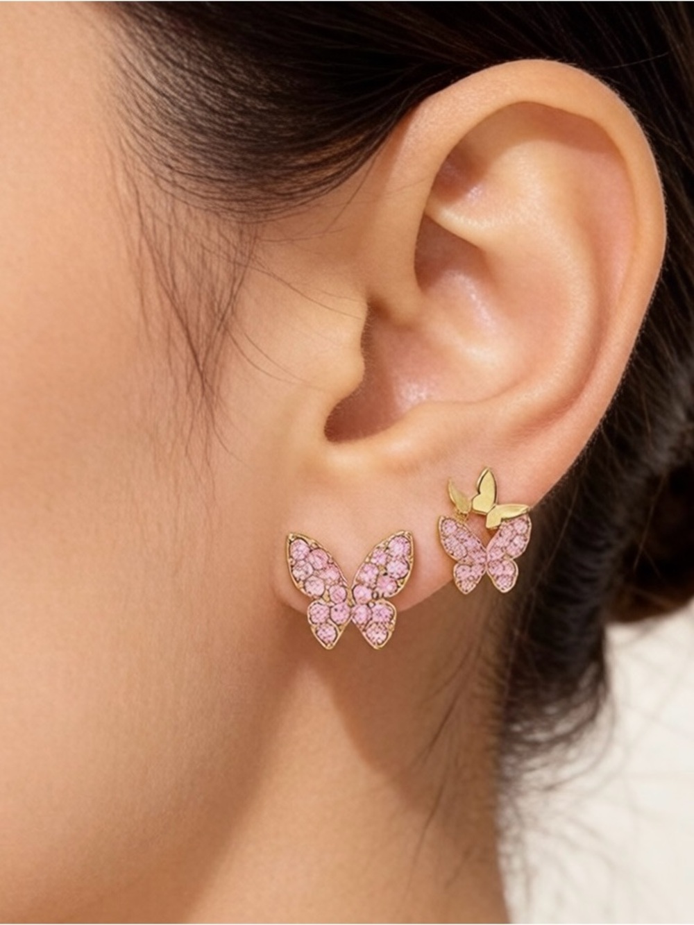 Anthropologie Pink Crystal Butterfly Stud Earrings in Gold